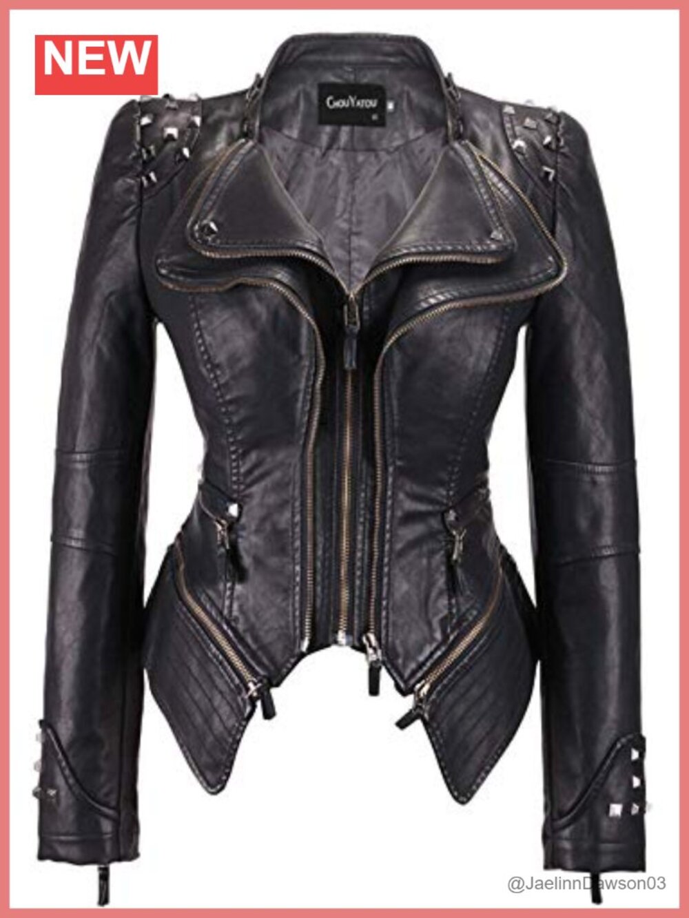 Faux Leather Biker Moto Jacket Studded Detachable Hem Fitted